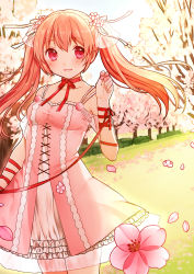 Rule 34 | 1girl, arm ribbon, blonde hair, blush, breasts, cherry blossoms, clarinet (natsumi3230), cowboy shot, dress, flower, grass, highres, holding, holding flower, kurata rine, long hair, looking at viewer, md5 mismatch, neck ribbon, original, outdoors, parted lips, petals, pink dress, pink eyes, red ribbon, resolution mismatch, ribbon, small breasts, smile, solo, source smaller, spaghetti strap, standing, twintails