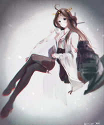 Rule 34 | 10s, 1girl, 2015, bad id, bad pixiv id, bag, black eyes, black footwear, black thighhighs, boots, brown hair, cup, dated, gradient background, hairband, hanazono nonoka, highres, kantai collection, kongou (kancolle), long hair, nontraditional miko, signature, skirt, solo, teacup, thigh boots, thighhighs, vignetting, winged hat, zettai ryouiki