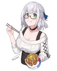 Rule 34 | 1girl, absurdres, black-framed eyewear, black choker, black skirt, blue ribbon, breasts, choker, chopsticks, cleavage, commentary, cross-laced clothes, cross-laced sleeves, eating, food, food on face, full mouth, glasses, green eyes, hair ribbon, hand up, highres, hololive, large breasts, light blush, looking at viewer, plaid, plaid skirt, ribbed sweater, ribbon, semi-rimless eyewear, shirogane noel, shirogane noel (casual), short hair, silver hair, simple background, skirt, sleeves past elbows, solo, sweater, toni nguyen, upper body, virtual youtuber, white background, white sweater