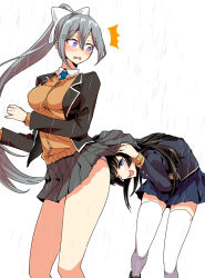 Rule 34 | 2girls, ^^^, black hair, black jacket, blazer, blush, bow, braid, breasts, brown cardigan, cardigan, cardigan vest, clothes lift, constricted pupils, embarrassed, french braid, from side, hair between eyes, hair ornament, hairclip, higuchi kaede, higuchi kaede (1st costume), jacket, leaning forward, looking at another, looking back, medium breasts, multiple girls, nijisanji, one eye closed, open clothes, open jacket, open mouth, panties, purple neckwear, rain, ricochet-gou, school uniform, skirt, skirt lift, standing, surprised, thighhighs, thighs, tsukino mito, tsukino mito (1st costume), underwear, virtual youtuber, wavy mouth, wet, wet clothes, white bow, white legwear