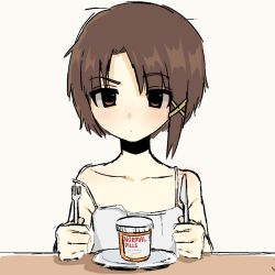 Rule 34 | 1girl, blush, brown eyes, camisole, closed mouth, collarbone, fork, hair ornament, highres, holding, holding fork, holding knife, iwakura lain, knife, looking at viewer, pill bottle, plate, serial experiments lain, short hair, snale, solo, upper body, x hair ornament