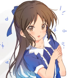 Rule 34 | 1girl, black hair, blue bow, blue dress, blush, bow, brown eyes, dress, hair bow, idolmaster, idolmaster cinderella girls, idolmaster cinderella girls u149, long hair, looking at viewer, niii, open mouth, own hands together, short sleeves, sketch, smile, solo, tachibana arisu, upper body, white background