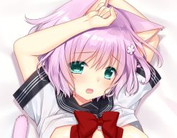 Rule 34 | 1girl, animal ears, arms up, blush, bow, bowtie, cat ears, cat tail, close-up, clothes lift, commentary request, flower, green eyes, hair between eyes, hair flower, hair ornament, looking at viewer, open mouth, original, out-of-frame censoring, pink hair, red bow, red bowtie, ryuuga shou, school uniform, serafuku, shirt lift, short hair, short sleeves, solo, tail