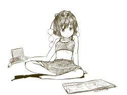 Rule 34 | 1girl, alternate costume, arm support, bare arms, bare legs, barefoot, book, collarbone, dated, expressionless, female focus, full body, hat, holding, holding book, indian style, kawashina (momen silicon), leaning back, looking up, monochrome, navel, newspaper, notebook, pointy ears, pom pom (clothes), ribs, shameimaru aya, short hair, simple background, sitting, sketch, solo, tokin hat, touhou, white background