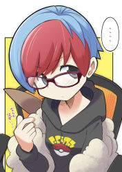 Rule 34 | &gt;:(, ..., 1girl, black hoodie, blue hair, closed mouth, creatures (company), frown, game freak, glasses, highres, hood, hood down, hoodie, light blue hair, long sleeves, multicolored hair, nintendo, penny (pokemon), pokemon, pokemon sv, purple-framed eyewear, purple eyes, rascal (feuille), red hair, short hair, solo, spoken ellipsis, two-tone hair, v-shaped eyebrows