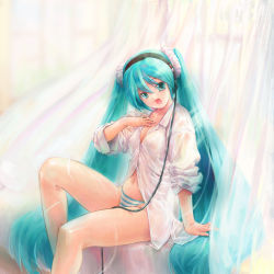 Rule 34 | 1girl, absurdres, aqua eyes, aqua hair, arm support, hand on own chest, hatsune miku, headphones, highres, kiyama satoshi, long hair, navel, panties, shirt, sitting, sleeves pushed up, solo, striped clothes, striped panties, twintails, underwear, very long hair, vocaloid, white shirt