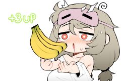 Rule 34 | 1girl, 1up, ahoge, bad id, bad twitter id, banana, bare shoulders, blush, breasts, bright pupils, chestnut mouth, commentary request, drooling, eye mask, food, fruit, grey hair, korean commentary, large breasts, long hair, low-tied long hair, lowres, mask, mask on head, nose blush, off shoulder, open mouth, original, red eyes, saru (monkey magic3), shirt, simple background, solo, sweat, sweatdrop, nervous sweating, swirl, t-shirt, twintails, upper body, white background, white pupils, white shirt