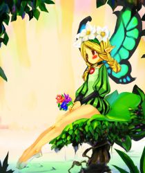 Rule 34 | 1girl, bad id, bad pixiv id, blonde hair, blush, braid, flower, head wreath, long hair, mercedes (odin sphere), odin sphere, pointy ears, puff and slash sleeves, puffy shorts, puffy sleeves, red eyes, senzo (soken), shorts, sitting, solo, twin braids, twintails, vanillaware, water, wings