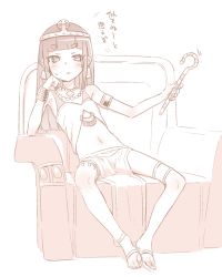 Rule 34 | 1girl, akari (raigou), alternate costume, anklet, armlet, blunt bangs, bracelet, cane, egyptian, female focus, head rest, jewelry, leaning to the side, long hair, looking at viewer, midriff, monochrome, navel, necklace, original, pelvic curtain, pink theme, raigou, sandals, sitting, solo, thighlet, throne, tiara, toes