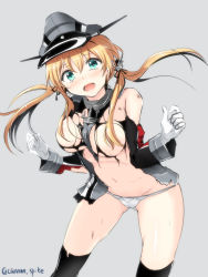 Rule 34 | 10s, 1girl, anchor hair ornament, black thighhighs, blonde hair, blush, breasts, contrapposto, cowboy shot, detached sleeves, gin&#039;ichi (akacia), gloves, green eyes, grey background, hair ornament, hat, highres, kantai collection, leaning forward, long sleeves, looking at viewer, low twintails, military, military uniform, open mouth, panties, peaked cap, prinz eugen (kancolle), simple background, solo, standing, thighhighs, torn clothes, twintails, twitter username, underwear, uniform, white gloves, white panties
