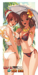 Rule 34 | !, 10s, 2013, 2girls, :d, alternate costume, alternate hairstyle, amakata miho, arms at sides, artist name, ass, bikini, black bikini, blush, border, bracelet, breasts, brown eyes, brown hair, cleavage, cloud, copyright name, cropped jacket, dated, earrings, floral print, flower, flower wreath, front-tie bikini top, front-tie top, hair bun, hair flower, hair ornament, hair scrunchie, hands up, holding, holding umbrella, hood, hooded jacket, jacket, jewelry, large breasts, legs together, long hair, looking at viewer, looking away, looking to the side, matsuoka gou, multiple girls, navel, necklace, onepack, open mouth, palm tree, parasol, print bikini, ring, scrunchie, shade, side-tie bikini bottom, single hair bun, sky, sleeveless, smile, standing, stomach, summer, swept bangs, swimsuit, tree, umbrella, white bikini