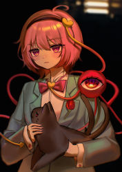 Rule 34 | absurdres, ahoge, animal, black hairband, blue suit, blush, bow, bowtie, cat, chinese commentary, closed mouth, commentary, flower, formal, hair between eyes, hair ornament, hairband, heart, heart hair ornament, highres, holding, holding animal, holding cat, jitome, kaenbyou rin, kaenbyou rin (cat), komeiji satori, lips, long sleeves, looking at viewer, pink bow, pink bowtie, pink eyes, pink hair, qiu ju, red eyes, red flower, red rose, rose, shirt, suit, the godfather, third eye, touhou, upper body, white shirt