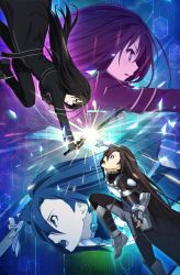 Rule 34 | 10s, 1girl, armor, black eyes, black gloves, black hair, black pants, breastplate, dual persona, eye contact, fighting, fingerless gloves, floating hair, gloves, hair between eyes, highres, holding, holding sword, holding weapon, kirito, kirito (sao-ggo), long hair, looking at another, male focus, open mouth, pants, sword, sword art online, weapon