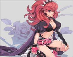 Rule 34 | 1girl, asymmetrical clothes, belt, boots, bracelet, breasts, brown eyes, chkuyomi, cleavage, collar, earrings, fingerless gloves, flower, gloves, hairband, jewelry, large breasts, long hair, nail polish, necklace, on one knee, original, personification, red hair, ring, rose, skull, smile, solo, spiked bracelet, spiked collar, spiked hairband, spikes