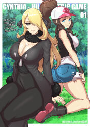 Rule 34 | 2girls, armband, ass, baseball cap, black dress, black vest, blonde hair, blue eyes, breasts, brown eyes, brown hair, cleavage, commentary, creatures (company), cynthia (pokemon), dress, english commentary, english text, fur trim, game freak, hat, hilda (pokemon), large breasts, looking at viewer, medium breasts, meme, multiple girls, nintendo, pocket, poke ball print, pokemon, pokemon bw, pokemon dppt, ponytail, redjet, short shorts, shorts, smile, torn clothes, twitter strip game (meme), vest
