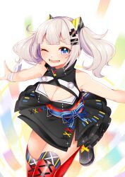 Rule 34 | 1girl, absurdres, animal ears, blue eyes, boots, cat ears, cleavage cutout, clothing cutout, dress, fake animal ears, fang, hair ornament, hairclip, high collar, highres, kaguya luna, long hair, looking at viewer, masumofu, one eye closed, open mouth, outstretched arms, sleeveless, sleeveless dress, smile, solo, sparkle, the moon studio, thigh boots, twintails, virtual youtuber, white hair