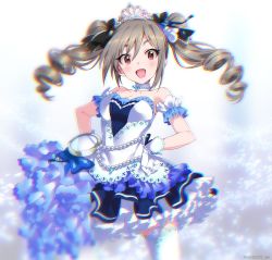 Rule 34 | 10s, 1girl, :d, bare shoulders, blurry, bow, breasts, choker, chromatic aberration, cleavage, depth of field, dress, drill hair, eyebrows, frilled skirt, frills, gloves, hair between eyes, hair bow, hands on own hips, idolmaster, idolmaster cinderella girls, idolmaster cinderella girls starlight stage, jewelry, kanzaki ranko, looking at viewer, mizuki makoto, necklace, open mouth, pearl necklace, pocket watch, red eyes, skirt, smile, solo, sparkle, sparkle background, thighhighs, tiara, twin drills, watch