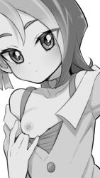 Rule 34 | 1girl, breasts, choker, clothes pull, collar bar, commentary request, commission, greyscale, heart, heart choker, highres, looking at viewer, mizuki kotori (yu-gi-oh!), monochrome, multicolored hair, nipples, off shoulder, one breast out, shirt pull, short hair, simple background, skeb commission, small breasts, solo, tank top, two-tone hair, ukokkei, upper body, white background, yu-gi-oh!, yu-gi-oh! zexal