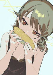 Rule 34 | 1girl, absurdres, black camisole, breasts, camisole, corn cob, drill hair, dutch angle, eating, head tilt, highres, idolmaster, idolmaster cinderella girls, light brown hair, looking at viewer, morikubo nono, simple background, small breasts, solo, upper body, yukinuno