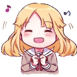 Rule 34 | 1girl, ^ ^, bad id, bad pixiv id, bang dream!, blonde hair, blush, chibi, clenched hands, closed eyes, commentary, facing viewer, hanasakigawa school uniform, long hair, long sleeves, musical note, neck ribbon, red ribbon, ribbon, sailor collar, school uniform, simple background, solo, symbol-only commentary, tsurumaki kokoro, upper body, user pryf4842, white background, white sailor collar