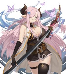 Rule 34 | 1girl, absurdres, asymmetrical gloves, bare shoulders, black gloves, blue eyes, bottomless, braid, breasts, cleavage, demon horns, draph, elbow gloves, fluf.p, gloves, granblue fantasy, hair ornament, hair over one eye, highres, horns, huge filesize, katana, large breasts, light purple hair, long hair, low tied hair, narmaya (granblue fantasy), pointy ears, purple hair, single braid, single thighhigh, sleeveless, solo, sword, thigh strap, thighhighs, uneven gloves, weapon