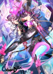 Rule 34 | 1girl, ass, bad id, bad pixiv id, black pantyhose, blue buruma, breasts, buruma, cameltoe, cannon, clothes writing, curly hair, flying, from below, full body, grey hair, hat, holographic interface, jacket, jetpack, kneepits, large breasts, long hair, looking at viewer, looking back, mecha musume, military jacket, namyo, open mouth, pantyhose, pantyhose under shorts, peaked cap, pink eyes, science fiction, shorts, solo, underboob, unleashed, very long hair, wrist cuffs