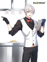 Rule 34 | 1boy, :o, ahoge, alternate hair color, badge, belt, black gloves, black pants, black shirt, bow, bowtie, clipboard, closers, collared shirt, copyright name, counter, cowboy shot, food, gloves, hands up, highres, holding, holding clipboard, logo, looking to the side, male focus, noodles, note, official art, open mouth, pants, plate, pointing, pointing to the side, red bow, red bowtie, red eyes, shirt, short hair, sleeves past elbows, solo, teeth, traditional bowtie, truss, upper teeth only, v-shaped eyebrows, vest, waistcoat, waiter, white background, white belt, white hair, white vest, wolfgang schneider