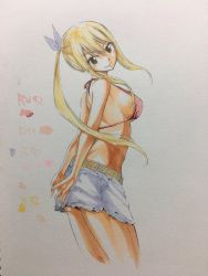 Rule 34 | 1girl, ass, blonde hair, breasts, fairy tail, female focus, hair between eyes, highres, large breasts, long hair, looking at viewer, looking back, lucy heartfilia, mashima hiro, official art, photo (medium), ponytail, shiny skin, solo, traditional media, watercolors