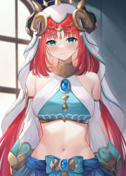 Rule 34 | 1girl, armlet, blue eyes, blue skirt, blush, bracer, breasts, brooch, eric (tianqijiang), genshin impact, hair ornament, harem outfit, highres, horns, jewelry, long hair, long sleeves, looking at viewer, medium breasts, neck ring, nilou (genshin impact), puffy long sleeves, puffy sleeves, red hair, sash, sidelocks, skirt, smile, solo, veil