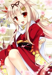 Rule 34 | 10s, 1girl, :d, alternate costume, blonde hair, fang, hair flaps, hair ornament, hair ribbon, hairclip, iris yayoi, japanese clothes, kantai collection, kimono, long hair, looking at viewer, new year, open mouth, red eyes, ribbon, scarf, smile, white scarf, yuudachi (kancolle)