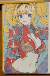 Rule 34 | 1girl, armor, blonde hair, blue eyes, breasts, cleavage, gauntlets, granblue fantasy, hair intakes, hairband, highres, houtengeki, marker (medium), navel, red armor, showgirl skirt, solo, traditional media, twintails, zeta (granblue fantasy)