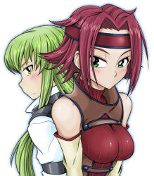 Rule 34 | 00s, 2girls, back-to-back, bad id, bad pixiv id, bare shoulders, blush, breasts, c.c., code geass, detached sleeves, embarrassed, frown, green eyes, headband, impossible clothes, impossible shirt, kouzuki kallen, large breasts, long hair, miyakodori takayuki, multiple girls, red hair, shiny clothes, shirt, short hair, spiked hair, straitjacket, turtleneck, yellow eyes