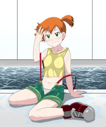 Rule 34 | 1girl, armpits, arms up, asymmetrical hair, blush, breasts, covered erect nipples, creatures (company), denim, denim shorts, game freak, gen 1 pokemon, green eyes, green shorts, hair tie, highres, kakkii, legs, looking at another, looking at viewer, misty (pokemon), navel, nintendo, orange hair, pants, pokemon, pokemon (anime), pokemon (classic anime), ponytail, pool, see-through, shirt, shoes, short shorts, shorts, side ponytail, small breasts, smile, suspenders, tank top, thighs, unzipped, water, wet, wet clothes, wet shirt, yellow shirt, yellow tank top