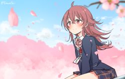 Rule 34 | 1girl, ahoge, bad id, bad pixiv id, blurry, blurry background, blurry foreground, bow, bowtie, cherry blossoms, commentary request, idolmaster, idolmaster shiny colors, jacket, komiya kaho, long hair, looking away, miniskirt, petals, plaid, plaid skirt, pleated skirt, red eyes, red hair, sailor collar, school uniform, shirt, sitting, skirt, solo, torinabe, white shirt