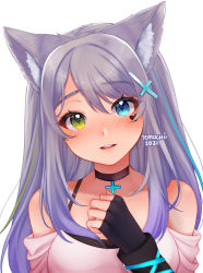Rule 34 | 1girl, animal ear fluff, animal ears, bare shoulders, black choker, black gloves, blue eyes, blush, choker, commentary, commission, diamond-shaped pupils, diamond (shape), english commentary, facial mark, fingerless gloves, gloves, green eyes, grey hair, hair ornament, hairclip, halterneck, hand up, head tilt, heart, heart facial mark, heterochromia, looking at viewer, multicolored hair, original, parted lips, simple background, smile, solo, streaked hair, symbol-shaped pupils, teeth, temachii, upper body, upper teeth only, white background