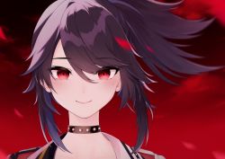 Rule 34 | 1girl, black choker, black hair, blue hair, choker, closed mouth, highres, indie virtual youtuber, ishikawa rio, jacket, kson, long hair, looking at viewer, mole, mole under eye, multicolored hair, portrait, red background, red eyes, smile, solo, souchou, spiked choker, spikes, two-tone hair, virtual youtuber