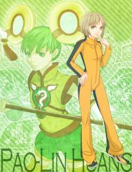 Rule 34 | 10s, 1girl, bad id, bad pixiv id, blonde hair, bruce lee&#039;s jumpsuit, chinese clothes, detached sleeves, dragon kid, dual persona, green eyes, green hair, hand on own hip, hip focus, huang baoling, jumpsuit, mikanoff, orange jumpsuit, short hair, shorts, staff, superhero costume, thighhighs, tiger &amp; bunny
