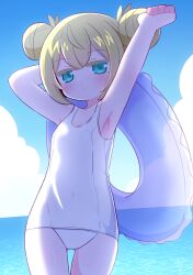 Rule 34 | 1girl, 7th dragon (series), 7th dragon 2020, arm behind head, armpits, arms up, bare arms, bare shoulders, blonde hair, blue eyes, blue sky, blush, breasts, chelsea (7th dragon), closed mouth, cloud, colored eyelashes, commentary request, cowboy shot, day, double bun, hacker (7th dragon), hair between eyes, hair bun, highres, horizon, innertube, looking at viewer, naga u, ocean, old school swimsuit, one-piece swimsuit, outdoors, school swimsuit, sky, small breasts, solo, standing, swim ring, swimsuit, water, white one-piece swimsuit