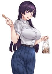 Rule 34 | 1girl, absurdres, bag, belt, black belt, blue skirt, blunt bangs, breasts, collared shirt, commentary, dress shirt, english commentary, food, hair ornament, hairclip, hand up, high-waist skirt, highres, holding, holding bag, holding food, large breasts, long hair, long skirt, looking at viewer, mole, mole under mouth, open mouth, original, plastic bag, pleated skirt, purple eyes, purple hair, school uniform, shirt, shirt tucked in, short sleeves, simple background, skirt, solo, standing, straight hair, takoyaki, teeth, textless version, upper teeth only, white background, white shirt, yakimi 27