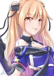 Rule 34 | 1girl, black gloves, black neckerchief, black sailor collar, blonde hair, blue shirt, breasts, cleavage, commentary request, dated, detached collar, gloves, hair ribbon, highres, johnston (kancolle), kantai collection, long hair, medium breasts, neckerchief, off shoulder, orange eyes, ribbon, sailor collar, school uniform, seiya (iiseven), serafuku, shirt, signature, simple background, solo, tongue, tongue out, twintails, two side up, upper body, white background