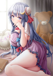 Rule 34 | 1girl, :o, akino irori, arm support, arm up, bare legs, barefoot, blue hair, blush, book, breasts, capelet, commentary request, crescent, crescent hair ornament, curtains, day, dress, feet out of frame, hair bun, hair ornament, hair ribbon, hand on own face, head tilt, heart, heart-shaped pillow, highres, indoors, large breasts, long hair, looking at viewer, mukyuu, no headwear, on floor, patchouli knowledge, petticoat, pillow, purple eyes, ribbon, short dress, sidelocks, single hair bun, sitting, sleeveless, sleeveless dress, solo, strapless, strapless dress, striped clothes, striped dress, stuffed animal, stuffed toy, tareme, teddy bear, touhou, tress ribbon, very long hair, white capelet, window, yokozuwari