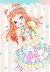 Rule 34 | 1girl, :d, aikatsu! (series), aikatsu stars!, bell, blue nails, blush, bow, bowtie, bracelet, commentary request, fang, green eyes, hair bow, jewelry, long hair, looking at viewer, midriff, multicolored clothes, multicolored nails, multicolored shirt, multicolored skirt, nail polish, navel, neck bell, open mouth, orange hair, red nails, saotome ako, short sleeves, sidelocks, skirt, smile, solo, stomach, tiramisu651