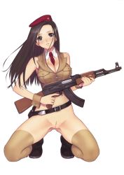 Rule 34 | 1girl, ak-47, assault rifle, belt, black eyes, black hair, boots, bottomless, breasts, cleavage, cleft of venus, gun, hat, highres, kalashnikov rifle, large breasts, necktie, nude filter, pubic stubble, pussy, rifle, solo, third-party edit, tony taka, uncensored, weapon