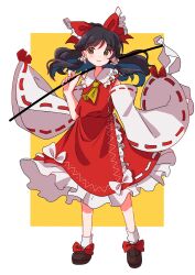Rule 34 | 1girl, border, bow, brown eyes, brown footwear, brown hair, detached sleeves, dress, gohei, hair bow, hakurei reimu, highres, holding, holding gohei, kimura8556spsk, nontraditional miko, red bow, red dress, smile, socks, solo, touhou, white border, white bow, white sleeves, white socks, yellow background