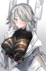 1girl blue_eyes blush breasts closed_mouth coat dainatsu e.g.o_(project_moon) faust_(project_moon) hand_on_own_chest highres impossible_clothes impossible_shirt large_breasts limbus_company long_sleeves project_moon shirt short_hair sketch solo white_background white_hair