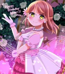 Rule 34 | 1girl, artist name, artist request, blush, bow, braid, braided bun, breasts, collarbone, dream with you (love live!), dress, dress bow, earrings, female focus, flower, frilled dress, frills, gloves, green eyes, hair bun, hand on own chest, heart, highres, jewelry, looking at viewer, love live!, love live! nijigasaki high school idol club, love live! school idol festival, necklace, orange hair, parted lips, pearl earrings, pearl necklace, pink bow, pink flower, pink skirt, pink wrist cuffs, puffy short sleeves, puffy sleeves, red hair, sakura (sasanohasarasa), short hair, short sleeves, side bun, single hair bun, skirt, smile, solo, uehara ayumu, white dress, white gloves, white skirt, wrist cuffs, yellow eyes