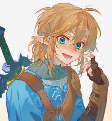 Rule 34 | 1boy, :d, blonde hair, blue eyes, blue shirt, blush, fingerless gloves, gloves, hair tie, hand up, highres, itou (very ito), link, lower teeth only, male focus, master sword, medium hair, nintendo, open mouth, ponytail, shirt, simple background, single shoulder pad, smile, solo, teeth, the legend of zelda, the legend of zelda: breath of the wild, tongue, white background