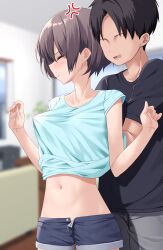 Rule 34 | 1boy, 1girl, absurdres, anger vein, black hair, black shirt, black shorts, blue shirt, blush, breasts, brown hair, closed eyes, closed mouth, collarbone, commentary request, faceless, faceless male, grabbing, grabbing another&#039;s breast, grabbing from behind, grey pants, hetero, highres, indoors, kiona (giraffe kiona), medium breasts, open mouth, original, pants, shirt, short hair, short shorts, short sleeves, shorts