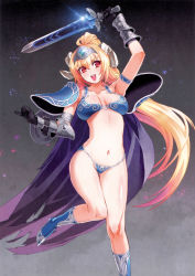 Rule 34 | 1girl, :d, absurdres, armor, belt, bikini armor, blonde hair, boots, breasts, buckler, cape, cleavage, demon girl, gloves, high ponytail, highres, horns, knee boots, large breasts, leg up, legs, long hair, lucifer (sin nanatsu no taizai), lucifer (the seven deadly sins), navel, nishii (damnedrive), official art, open mouth, pauldrons, ponytail, red eyes, shield, shoulder armor, sin nanatsu no taizai, smile, solo, standing, standing on one leg, sword, the seven deadly sins, vambraces, very long hair, visor (armor), weapon