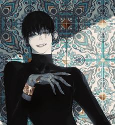Rule 34 | 1boy, black hair, black shirt, blue sclera, bracelet, colored sclera, colored skin, earrings, fangs, grey skin, grin, hair between eyes, hair over eyes, half-closed eyes, hand up, head tilt, highres, jewelry, looking at viewer, male focus, messy hair, original, pigeon666, shirt, short hair, signature, smile, solo, stitched fingers, stitched hand, tile wall, tiles, turtleneck, upper body, yellow eyes